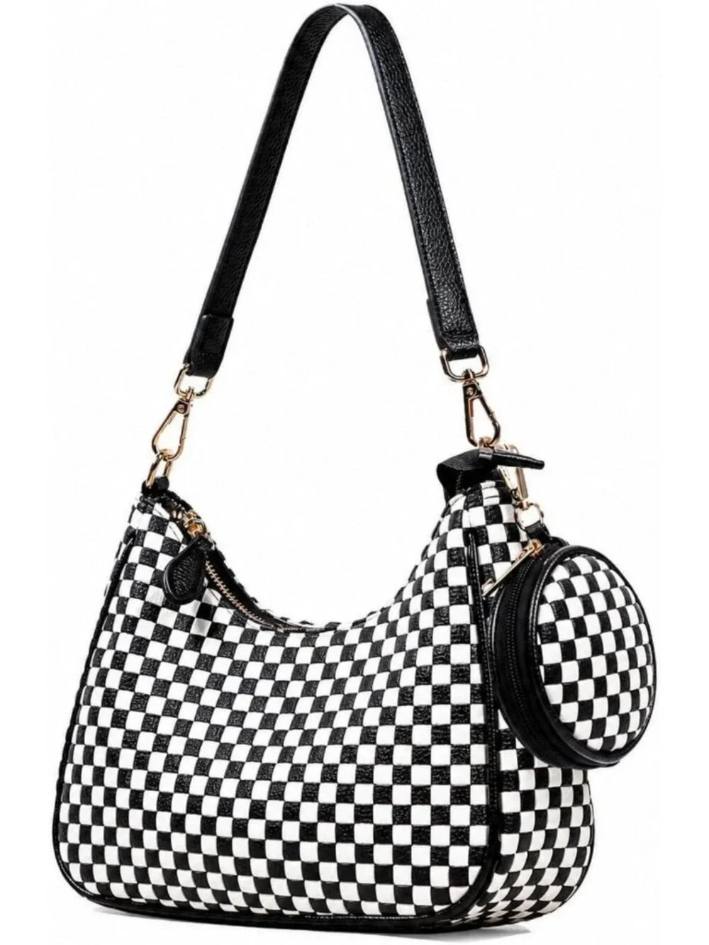 Chic Black Vegan Leather Woven Shoulder Bag, Slouchy Hobo Crossbody Tote